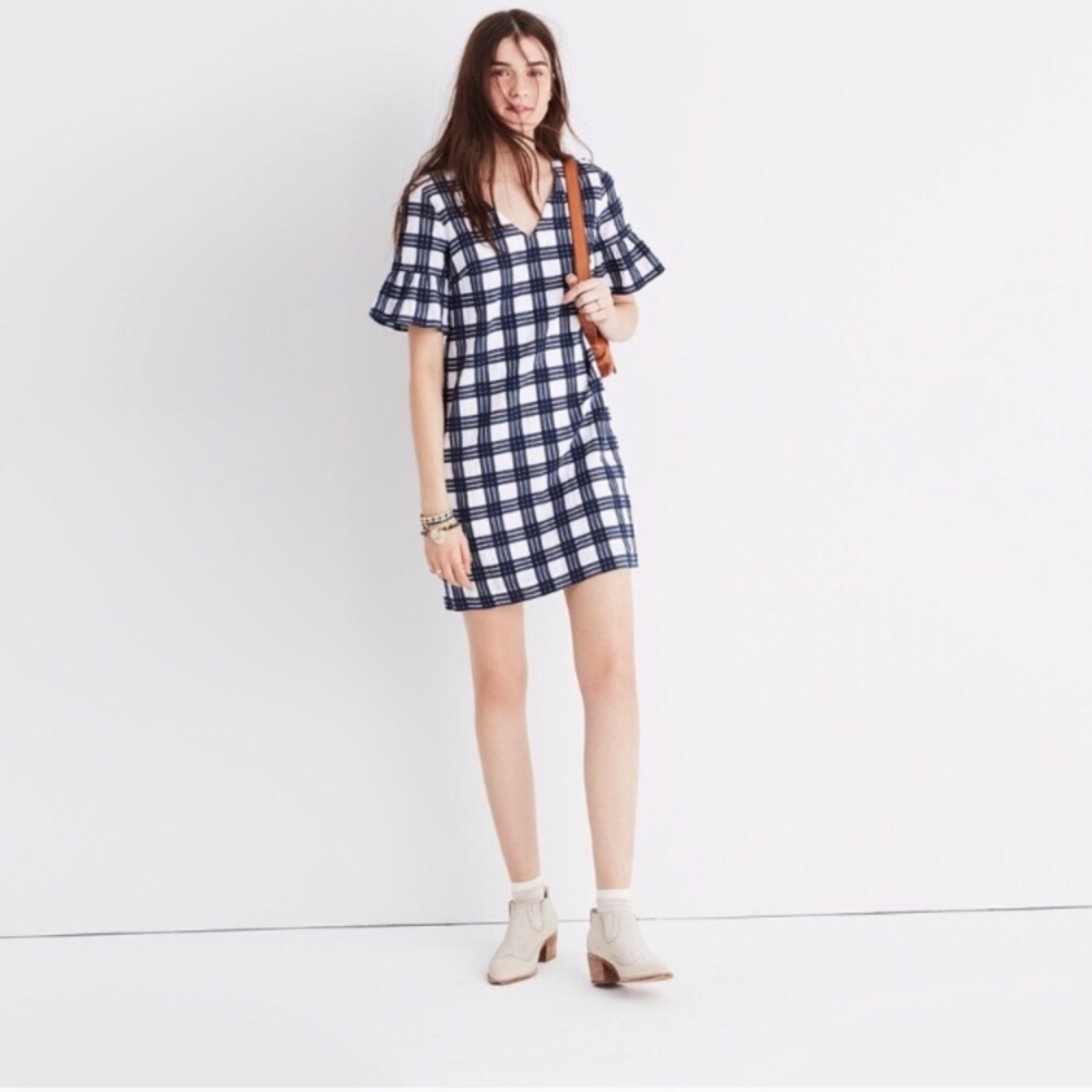 Madewell Leighton Plaid Bell Sleeve V Neck Dress